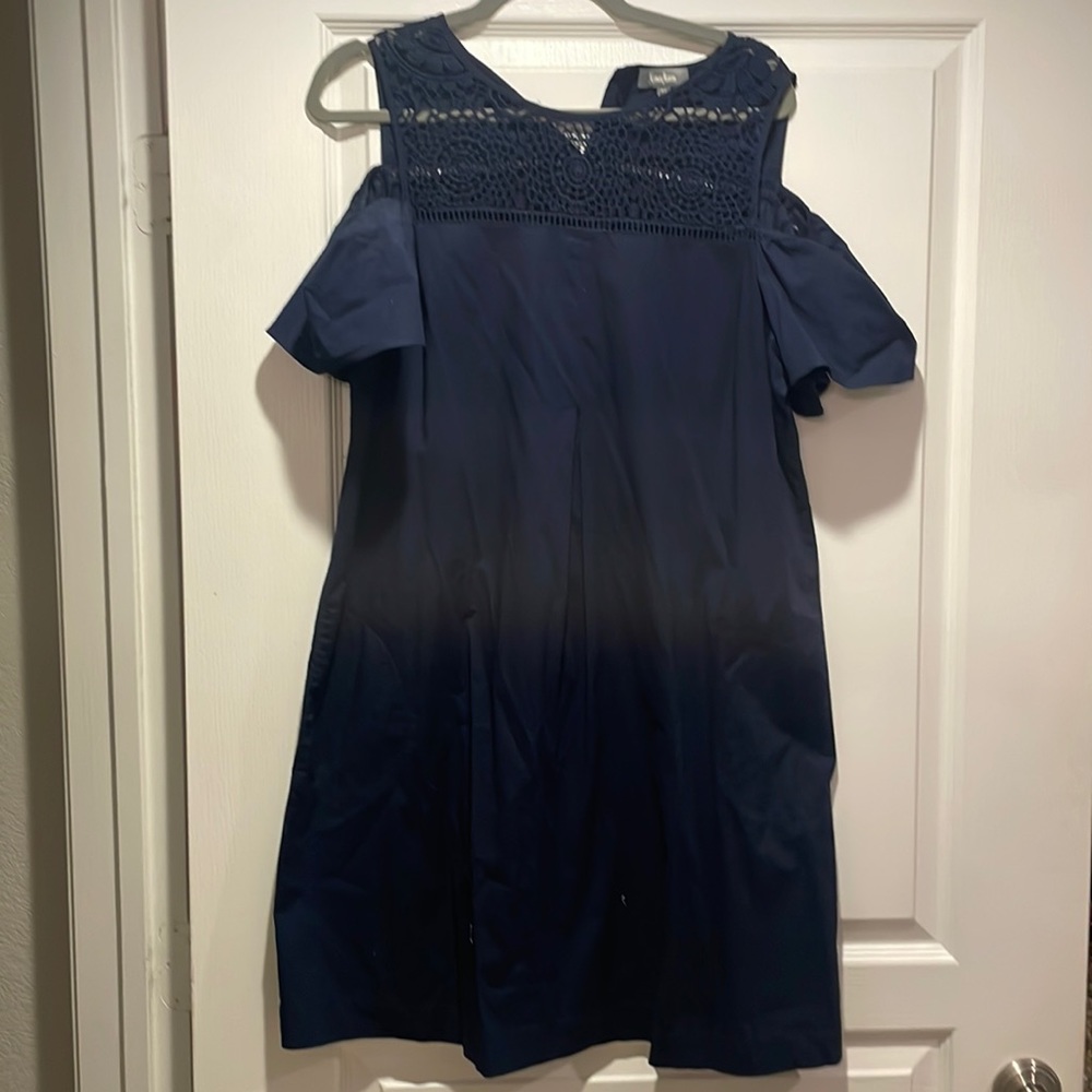 Neiman Marcus cold shoulder navy shift dress